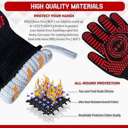 Red BBQ Gloves, 1472°F Heat Resistant, 13.4-Inch Non-Slip Silicone Kitchen Safety Gloves for Cooking and Grilling
