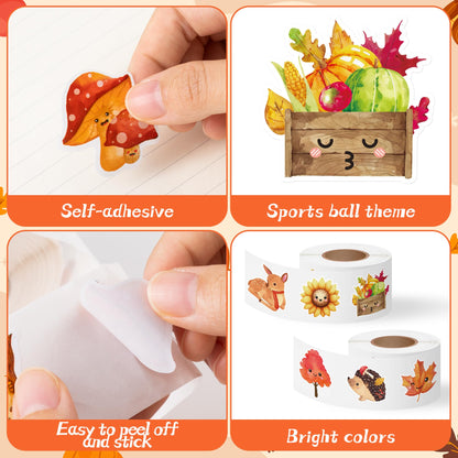 Haooryx Fall Watercolor Sticker Rolls - 1000pcs Fall-Theme Watercolor Pumpkin Maple Leaf Animal Stickers Self-Adhesive Waterproof Vinyl Thanksgiving Harvest Party Favor Page Activity Pad Card Making