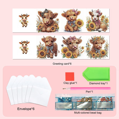 SHEGZHUC 6 Pack Diamond Painting Gift Card Diamond Art Kits for Adults Birthday Wedding Anniversary Greeting Get Well Congratulations Thank You Cards with Envelopes || Cows Sunflowers Animals