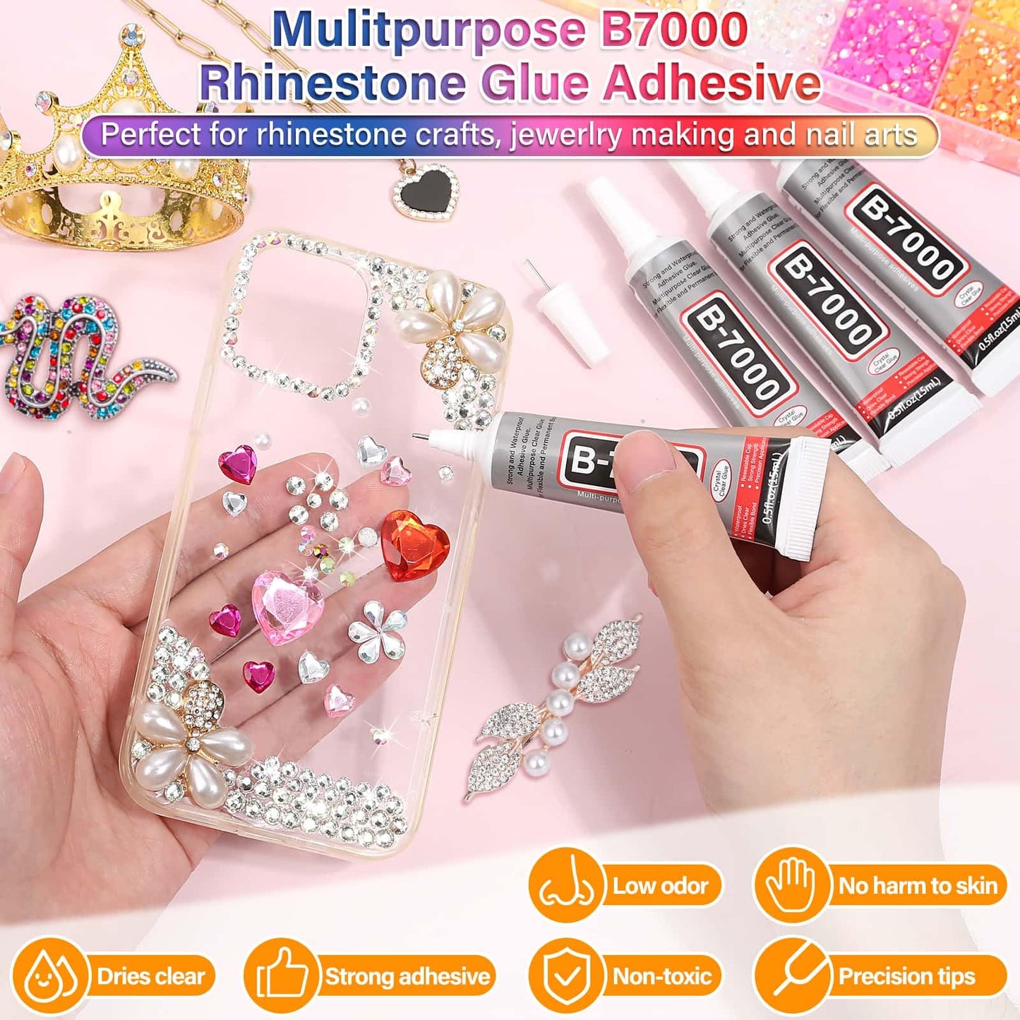 40000Pcs Resin Rhinestones with B7000 Jewelry Glue for Bedazzling Crafting, Rainbow Crystals Flat Back Gems with Craft Adhesive for DIY Graduation Cap Clothes Tumblers Shoes Nails and Face
