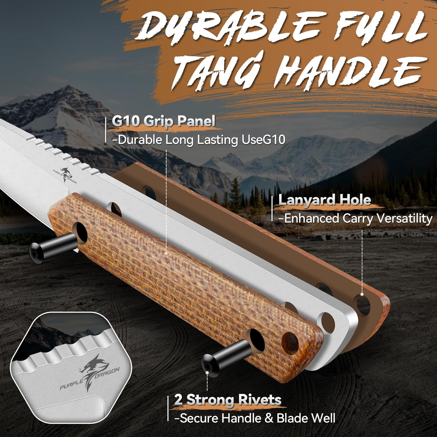 Purple Dragon Fixed Blade Knife with Sheath - D2 Steel Survival Knives with G10 Handle - Full Tang EDC Knife for Outdoor Bushcraft, Hiking - Fathers' Day Gift Idea - Brown