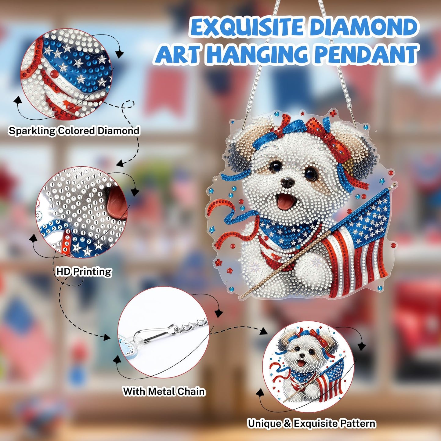Bowetile 4th of July Diamond Art Hanging Kits for Adults,5D Diamond Painting Dog Window Pendant Kits, Special Shape Gem Art Suncatchers USA Flag Ornament for Home Garden Wall Decor Gifts