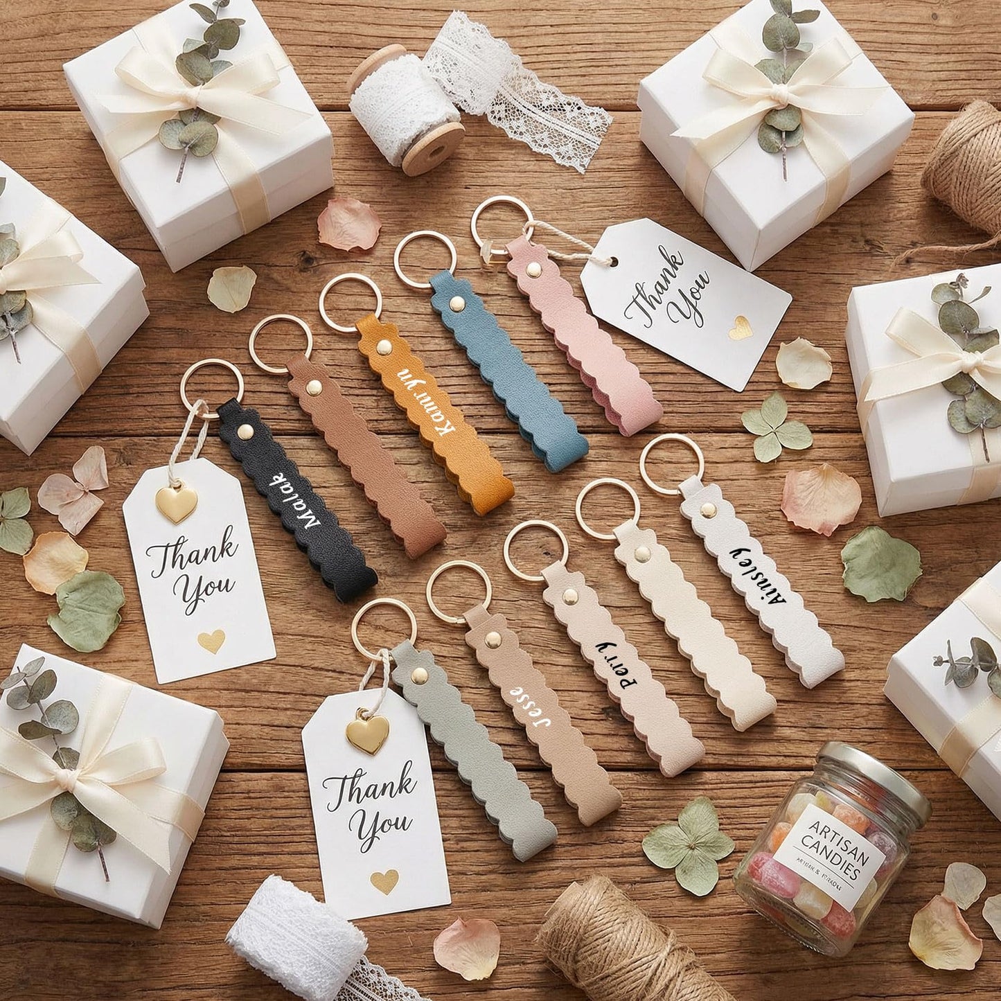 Wavyknot 50 Pcs Scalloped PU Leather Keychain Wave-edged Blanks Laser Engraving Blanks Loop Keychain Kit Bulk with Key Rings 5.51" x 0.79" for DIY Key Chains Craft, Anniversary, Birthday Gift