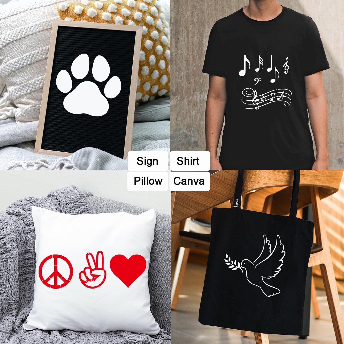 20 Pieces Stencil for Painting, Love Peace Sign Stencil Rainbow Star Heart Flower Stencils Reusable Music Notes Template for DIY Crafts Wood Canvas Paper Fabric Furniture (20pcs Peace Love)