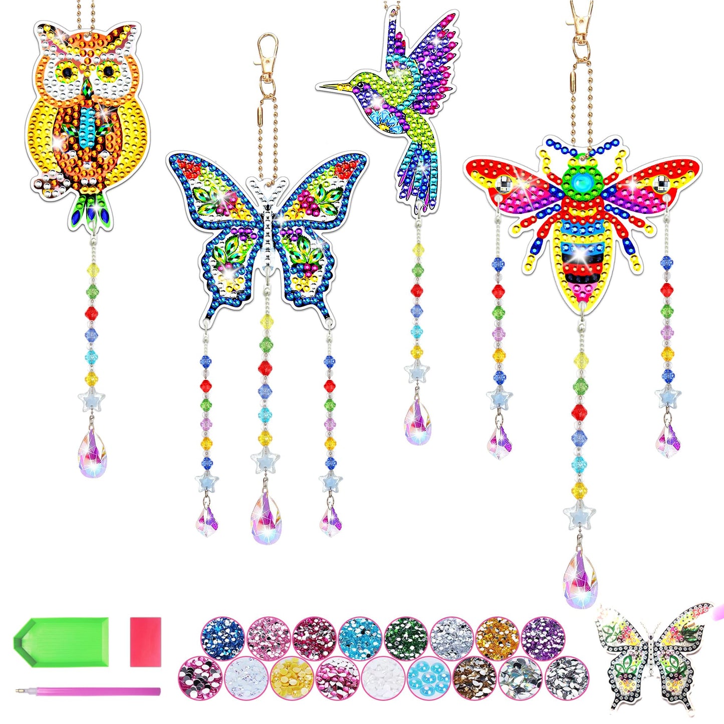4Pcs Diamond Art Kits for Kids/Adults, Crafts for Kids Ages 8-12, Birthday Gifts for 6 7 8 9 10 11 Year Old teen Girl, Diamond Painting Kits wind chimes Crystal Window Suncatcher, Home Garden Decor