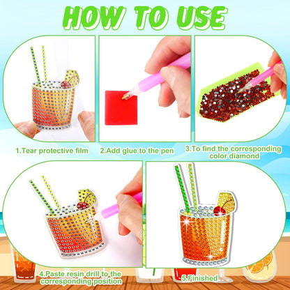 Thinkday 15 Pcs Summer Diamond Painting Keychains Kits Cocktail Tropical Drink 5d Diamond Art Keychain Summer Hanging Ornaments for Adult Beginner DIY Craft Purse Backpack Handbag Family Decor