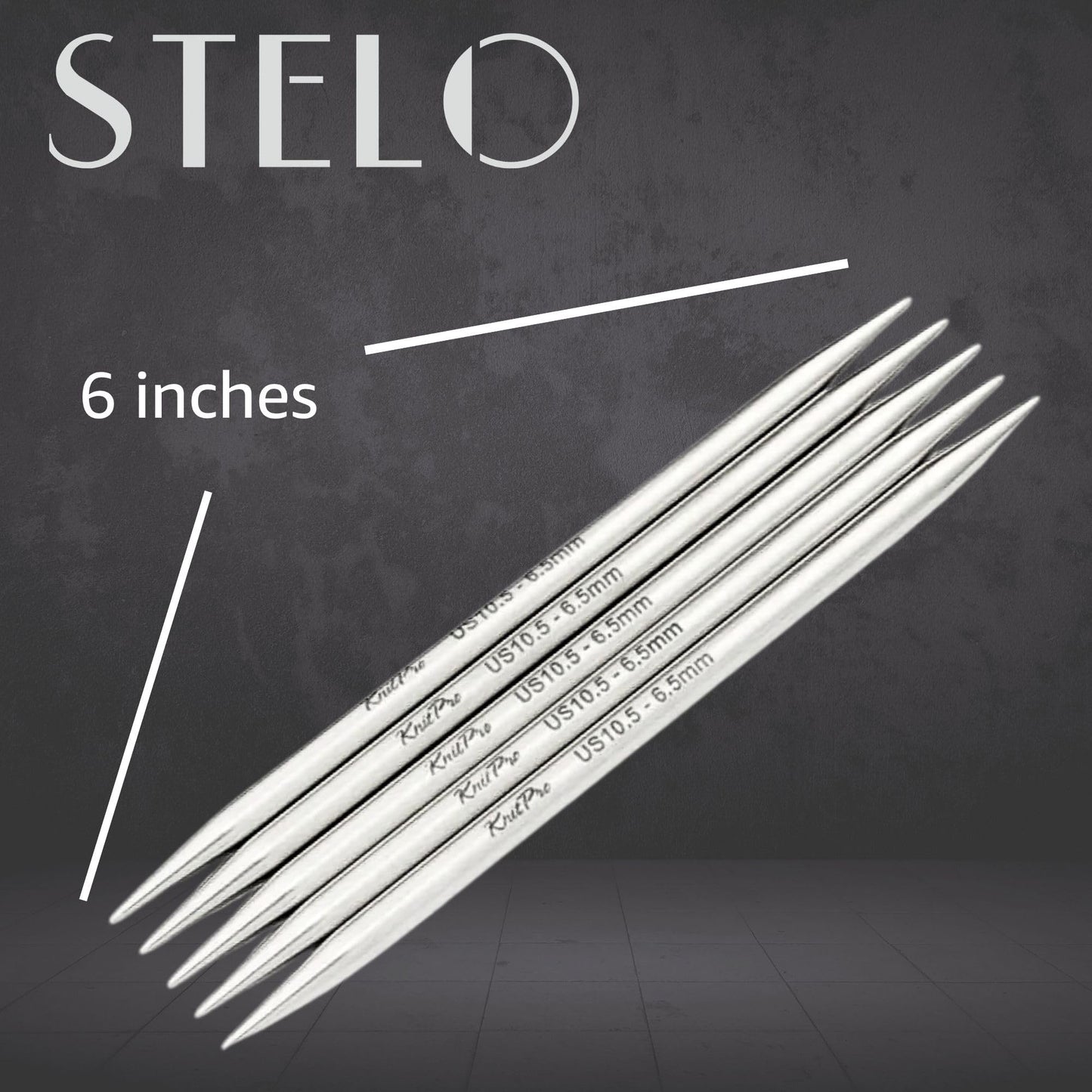 KnitPro Stelo Lace DPN Double Pointed Knitting Needles 6" (15cm) US 10 (6mm) Stainless Steel, Precision Tapered Tips, Smooth Yarn Glide, Ideal for Socks, Hats, & Sleeves, Incl. 10 Stitch Markers