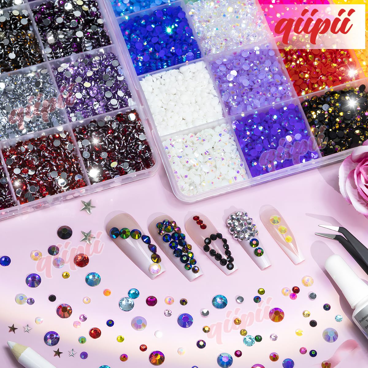 qiipii 48 Color 3mm Jelly AB & Crystal Colorful Resin Rhinestones for Bedazzling Crafting SS10 Flatback Stones Gems Diamonds Charms for Nails Eyes Face Makeup Beauty Tumblers Bottles DIY Crafts Shoes