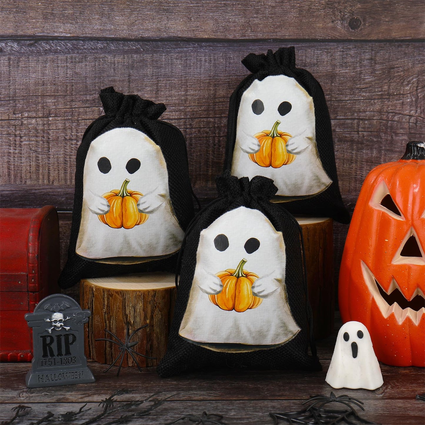 JarThenaAMCS 24 Pack Halloween Burlap Bags Spooky Ghost Pumpkin Gift Bags Black White Orange Linen Treat Goody Bag with Drawstring for Halloween Party Favors