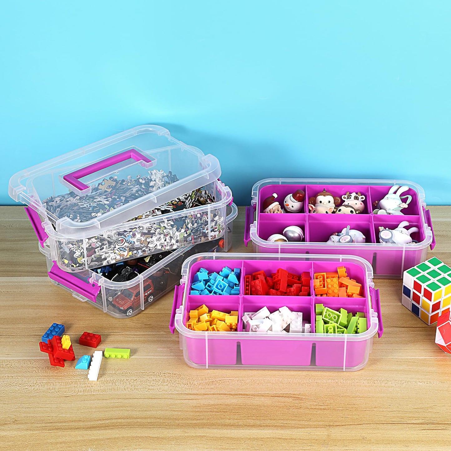 JUXYES 4-Tiers Stack Carry Storage Box With 2 Divided Tray, Transparent Stackable Storage Bin With Handle Lid Latching Storage Container for School & Office Supplies, Purple