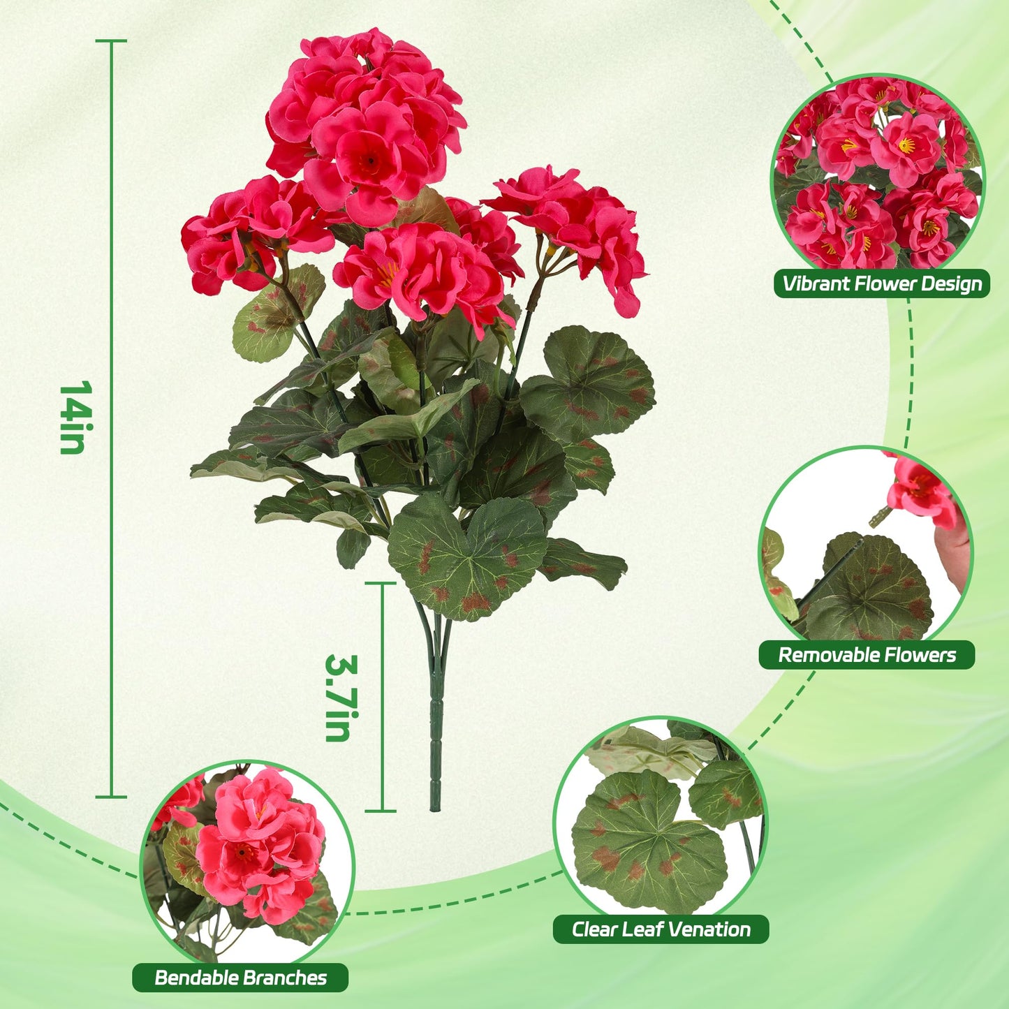 Apexion Artificial Geranium Flowers for Outdoors, 6 pcs Silk Geraniums Fake Flowers UV Resistant Faux Plants for Front Door Garden Porch Planter Decoration (Hotpink)