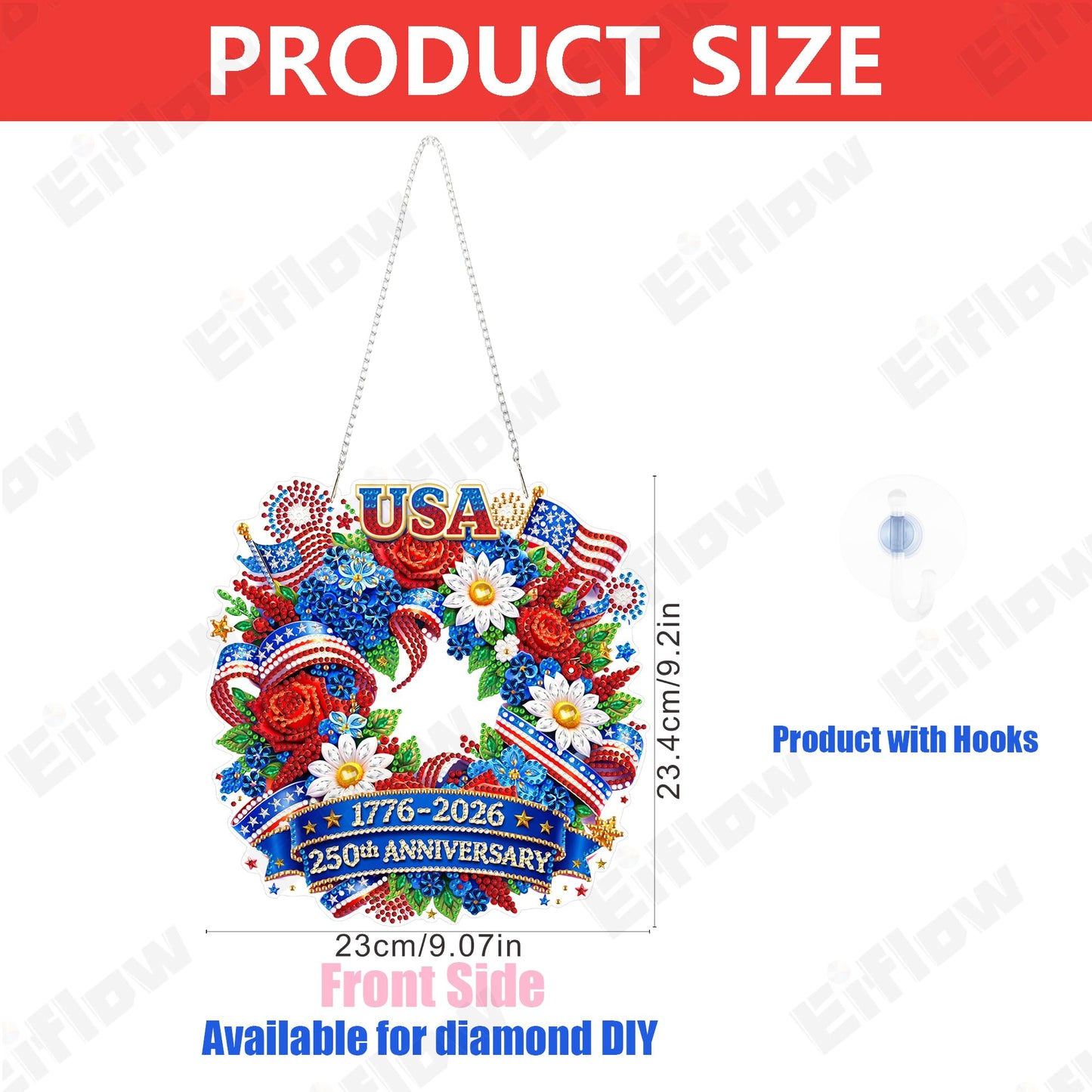 Eiflow 250th Anniversary Diamond Art Hanging Kit for Adults, DIY Diamonds Painting Door Hanger Board Kit, Special Acrylic Diamond Art Painting Pendant Ornament (4th of July Wreath)
