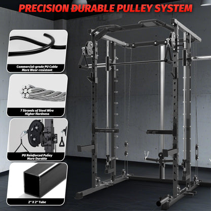 Garvee Power Cage, Smith Machine Squat Rack, Heavy Duty Power Rack for Home Gym with Pulley System, Dip Bar, LAT Pulldown, Multifunctional Squat Rack for Home Gym