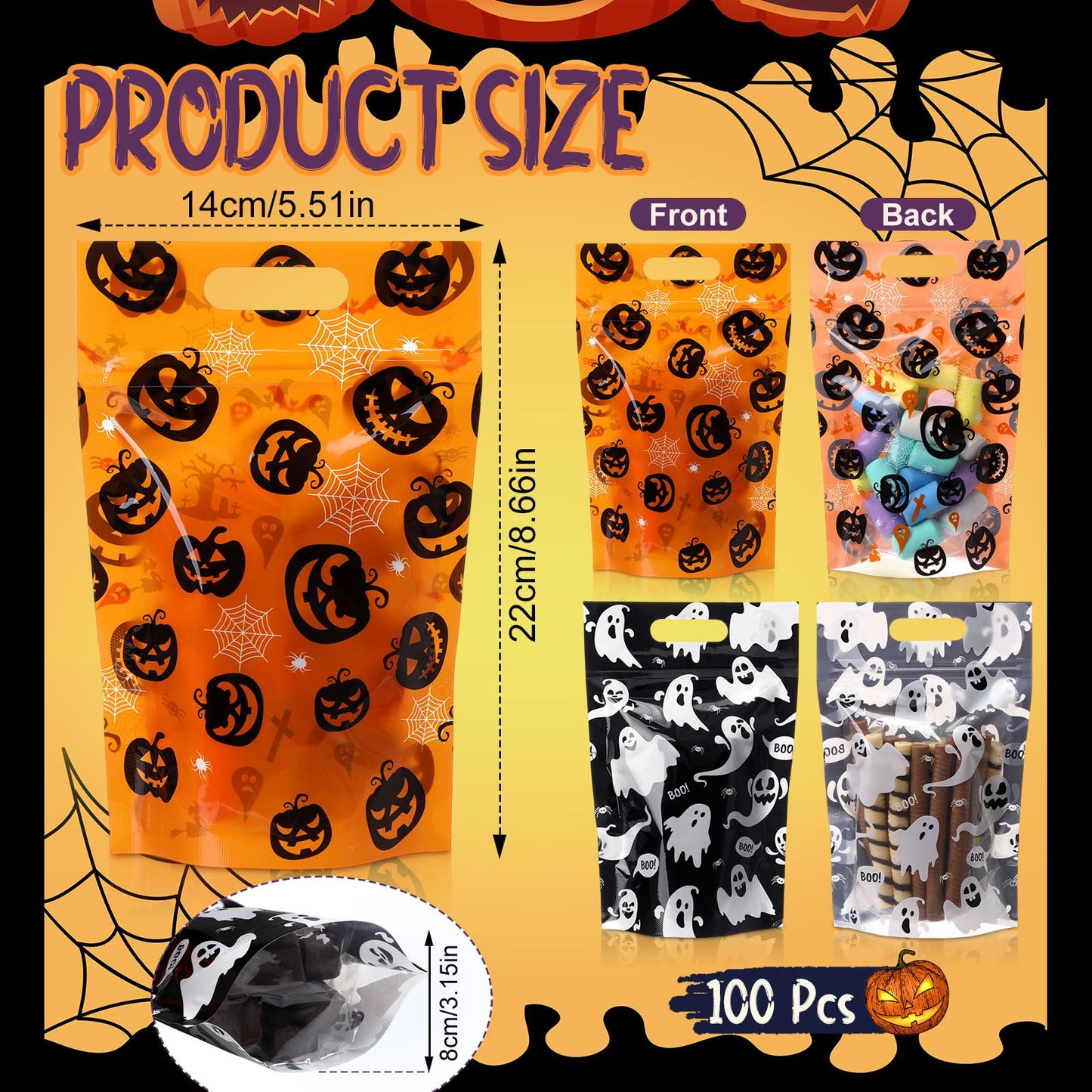 Gersoniel 100 Pcs Plastic Halloween Treat Bags with Handles Treat or Trick Halloween Goodie Gift Bag Resealable Pumpkin Ghost Candy Cellophane Zipper Bags for Gift Wrapping Supplies