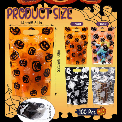 Gersoniel 100 Pcs Plastic Halloween Treat Bags with Handles Treat or Trick Halloween Goodie Gift Bag Resealable Pumpkin Ghost Candy Cellophane Zipper Bags for Gift Wrapping Supplies