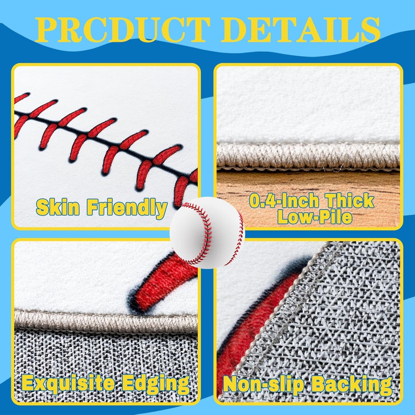 Washable,40 Inch Soft Round Rugs for Bedroom, Baseball Rug for Boys, Bedside Area Kids Carpet, Baseballs Lovers Home