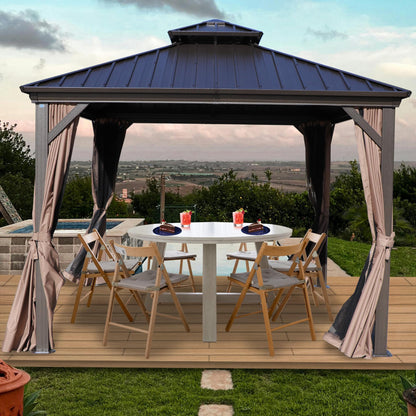 Kozyard Caesar 10'x10' Hardtop Gazebo - Permanent Metal Pavilion with Netting and Shaded Curtains for Patio, Backyard, and Deck - Galvanized Steel Outdoor Aluminum Canopy, Double Roof Gazebo (Brown)