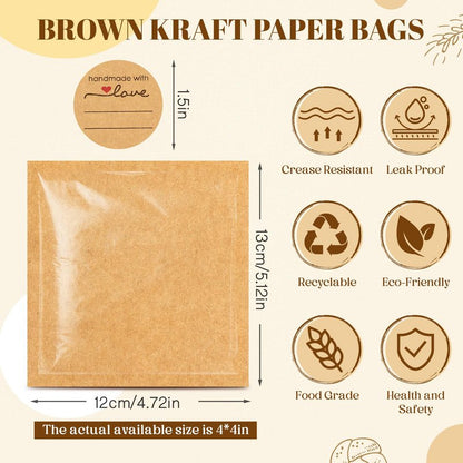 Outus 100 Pcs Cookie Packaging Bags with Seal, 4 x 4 Inch Bakery Pastry Bags with Window, Heat Sealable Grease Resistant Paper to Go Bake Sleeves for Gift Giving Donut Bread Sandwich (Brown)