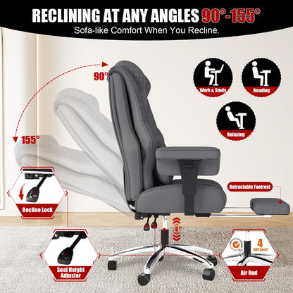 400lbs Big and Tall Office Chair, Wide Ergonomic Leather Executive Chair for Heavy People with Foot Rest, High-Back Reclining Computer Chair with Swivel Wheels and Lumbar Support (Gray)