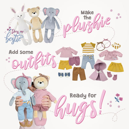 kullaloo Doll Sewing Kit ✦ DIY Plush Bunny, Bear & Elephant with Clothes ✦ Sewing Pattern & Supersoft Fabric Bundle ✦ Includes Sewing Pattern with PES & SVG Files