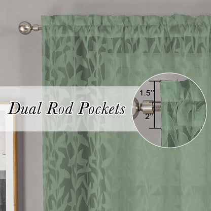 Leia 72 Inch Sheer Curtains Sage Green Panels Set of 2, Double Rod Pocket Window Living Room Curtain with Leaves, Light