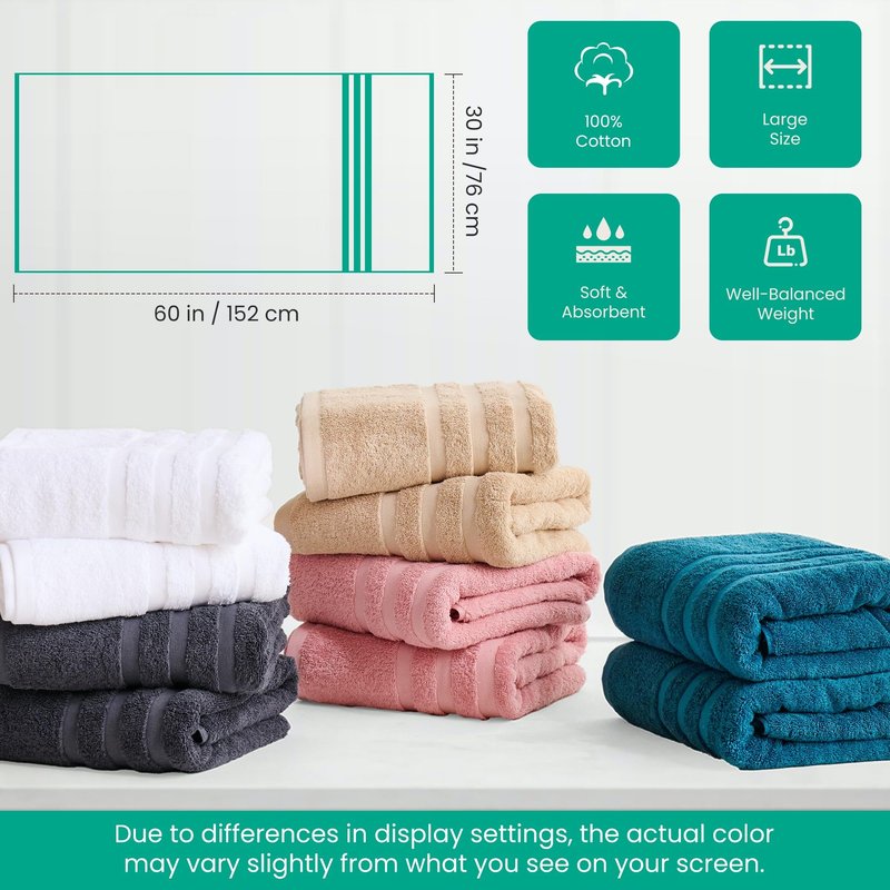 Velqora Bath Towels 4 Pack, Large 30 x 60 Inches, 100% Cotton Towels, Balanced Weight, Soft and Absorbent for Bathroom, (White)