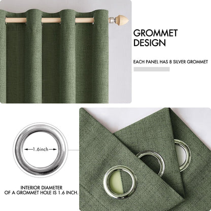 MIULEE 100% Blackout Linen Textured Curtains - Olive Green Thermal Insulated Drapes | 52 x 96 Inch (2 Panels)