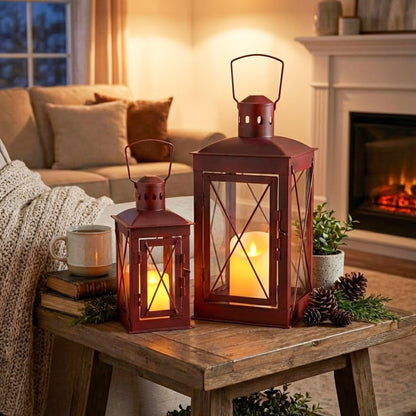 TRIROCKS Set of 2 Decorative Candle Lantern 14/10'' High Metal Candle Holder Hanging Lantern Perfect for Home Decor Patio Living Room Parties Events Tabletop Indoors Outdoors (Red)