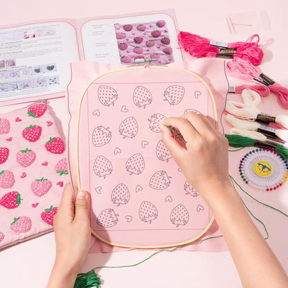 Fiupan All-in-One Strawberry Embroidery Kit - DIY Craft Kit with Thread, Fabric & Needles, Pink Embroidery Pouch for Tablet E-Reader Sleeve, Creative Birthday Gifts for Beginners（6-6.8 Inch）