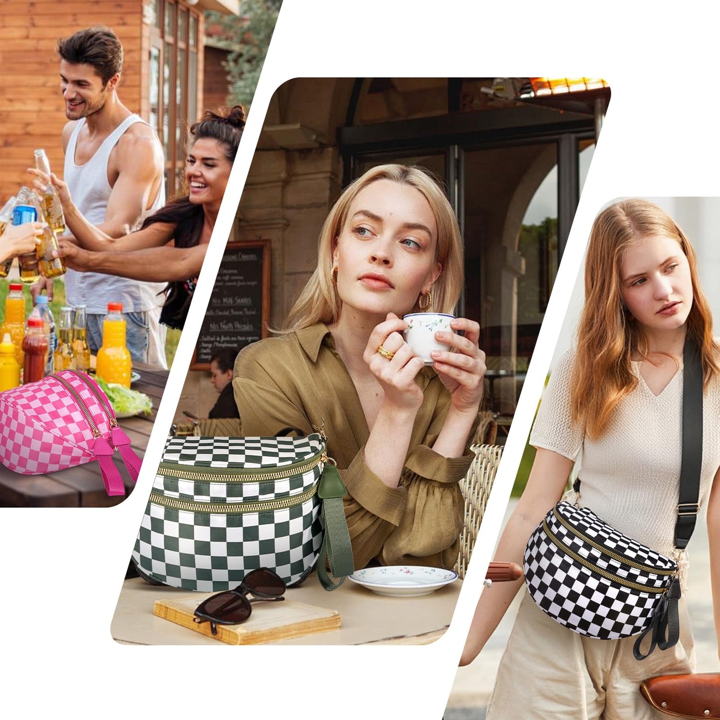 Checkered Crossbody Bag,Nylon Bum Bags for Women Crossbody,Spacious Sling Bag Purse Fanny Packs with Shoulder Strap