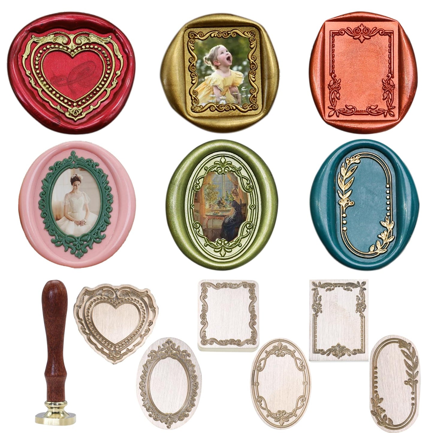 Andotopee 6-in-1 Vintage Embossed Frame Wax Seal Stamp Kit- Rectangle & Oval & Heart 3D Relief Photo Frame Seal Stamps with Wood Handle, Retro Sealing Wax Stamp for Wedding Invitations, Letters
