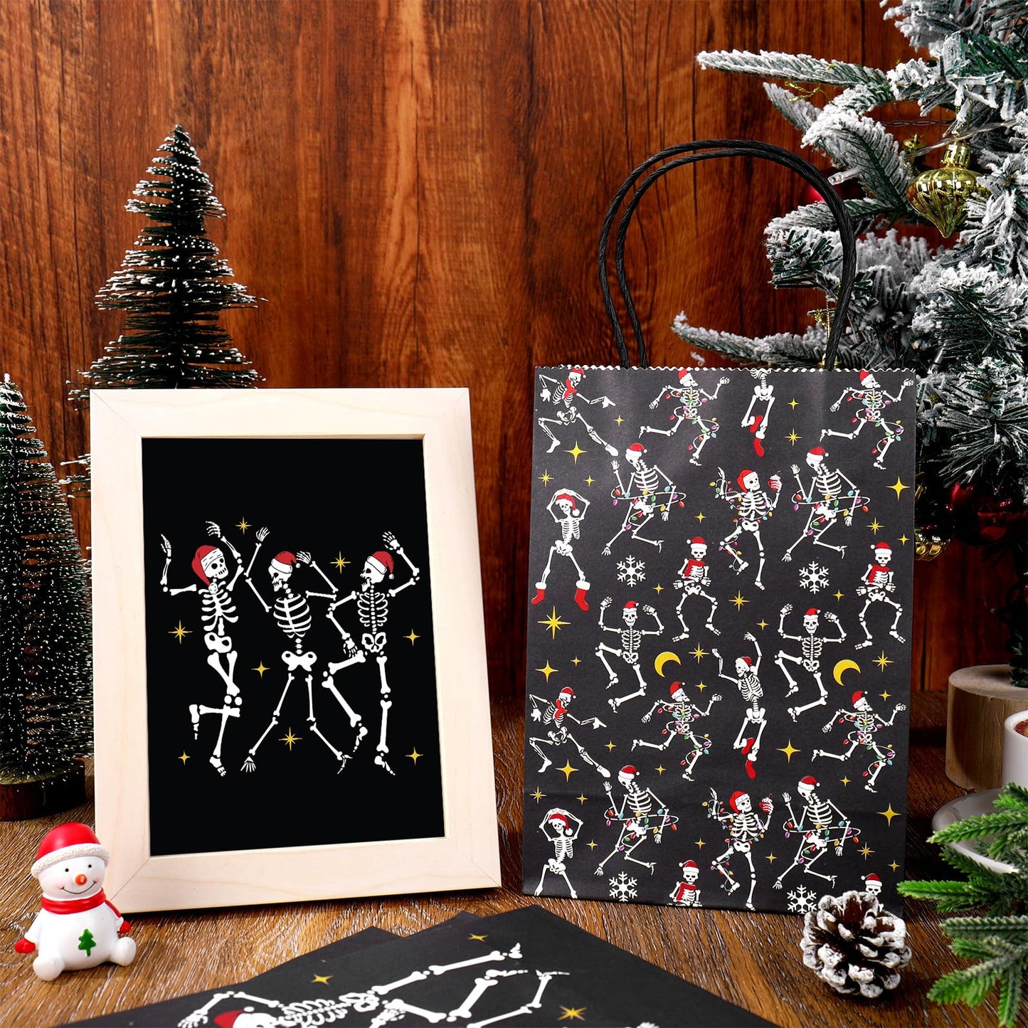 JarThenaAMCS 24Pcs Gothic Christmas Gift Bags with Handles Black Dancing Skeleton Candy Goodie Bags for Xmas Gothic Party Favors Supplies
