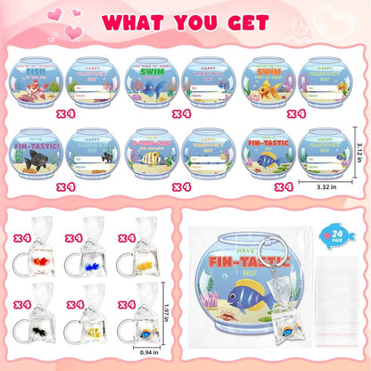 Valentines Day Cards for Kids School, 24 Pack Valentine's Day Gifts for Kids with Resin Fish Charms Classroom Exchange Gifts, 3D Fish Water Bag Charms Valentine Party Favors Prizes for Boys & Girls