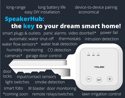 YoLink Water Leak Detection Starter Kit, w/SpeakerHub Audio/Talking Hub & Water Leak Sensors, LoRa Up to 1/4 Mile Open-Air Range, SMS/Text, Email & Push Notifications, w/Alexa, IFTTT, Home Assistant