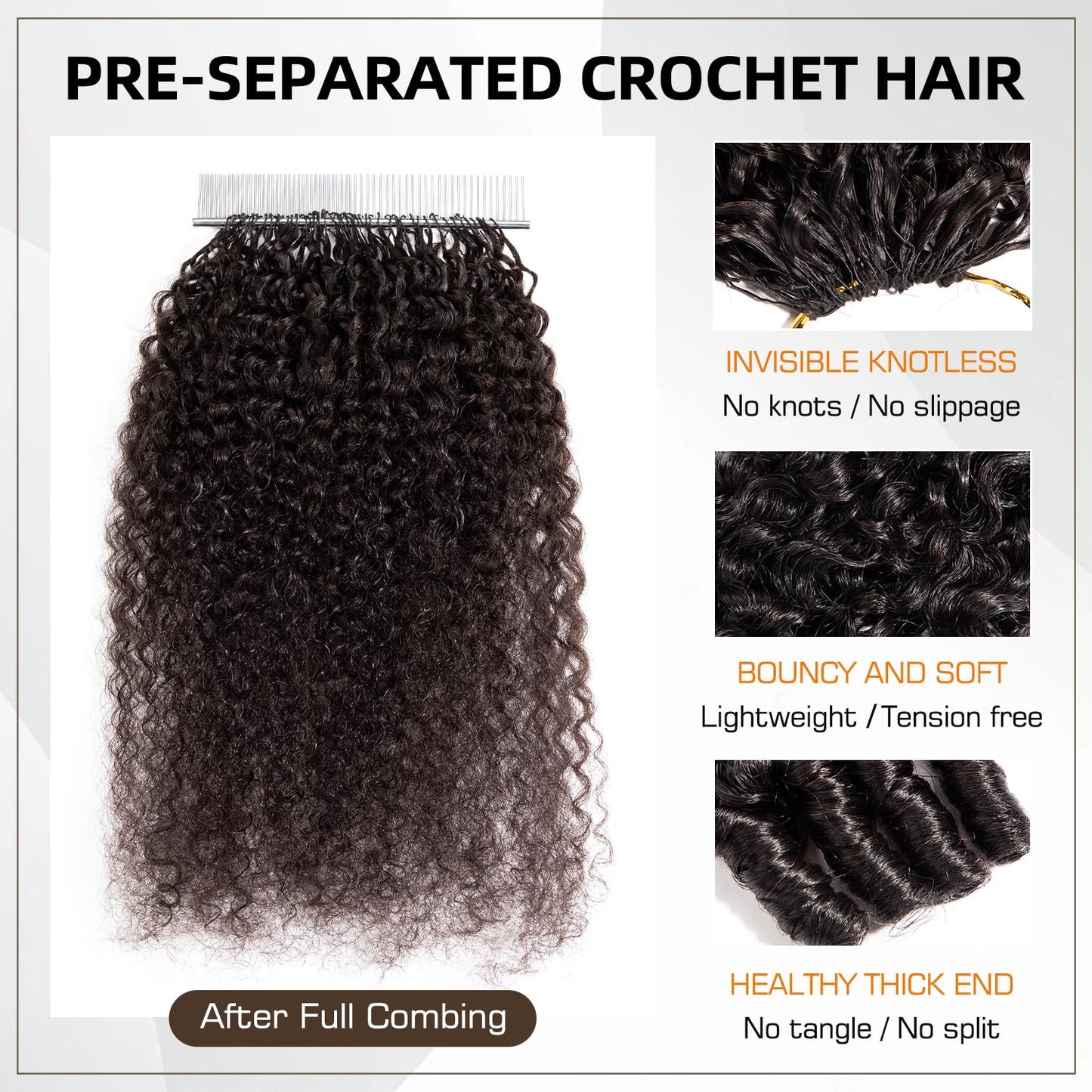 Burmese Curly Human Hair Crochet Bundles 20 Inch 60g Knotless Pre-Separated Feather Crochet Human Hair 3c4a Water Curly Hair Reusable Hair Extensions for Women Natural Black Color (1B-60G, 20 Inch)