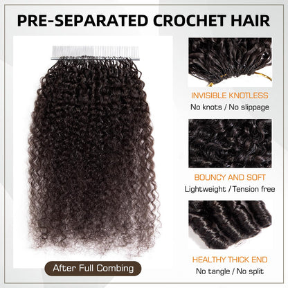 Burmese Curly Human Hair Crochet Bundles 20 Inch 60g Knotless Pre-Separated Feather Crochet Human Hair 3c4a Water Curly Hair Reusable Hair Extensions for Women Natural Black Color (1B-60G, 20 Inch)