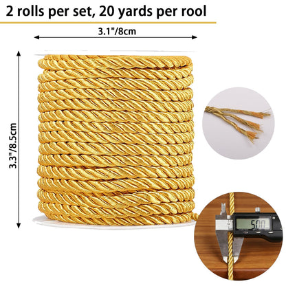 5mm 40 Yards Gold Rope Cord, 3Ply Twisted Decorative String for Sewing, Crafting, Home Decor, Curtain Trim, Graduation Honor Twine, Christmas, New Year Decorate