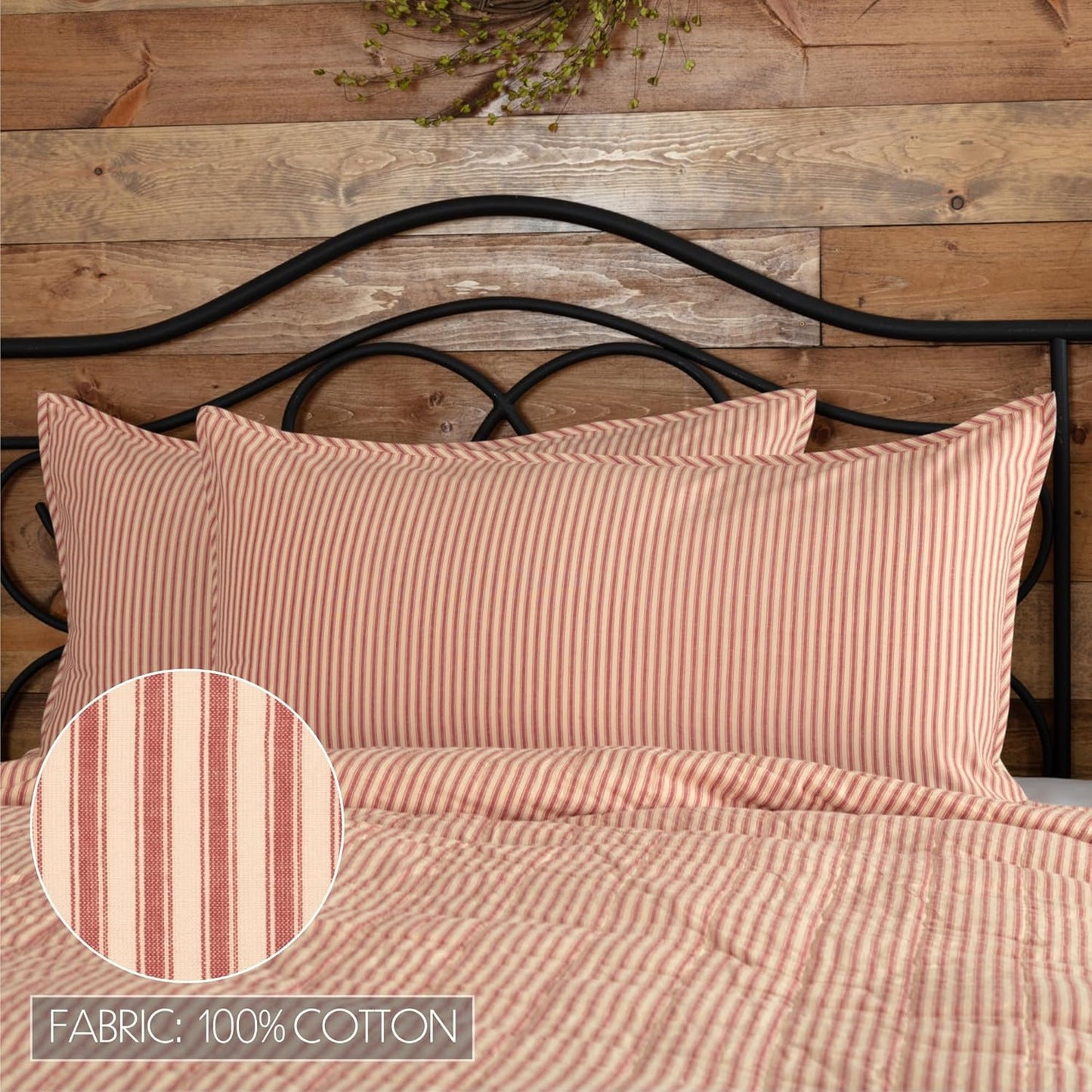 VHC Brands Sawyer Mill Large Pillow Sham Cover, Farmhouse Country Stripe, King Size 21x37, Red