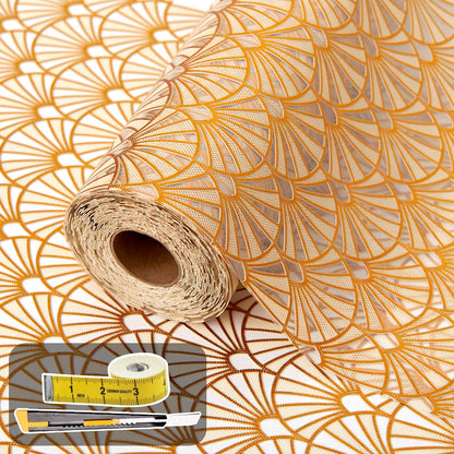 Shelf Liners for Kitchen Cabinets 17in x 30FT, Non Adhesive Cabinet Liner Strong Non-Slip Golden Leaf Drawer Liner, Easy to Clean for Shelf, Cabinet with Knife and Tape Measure
