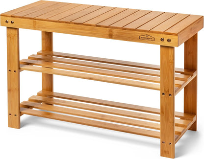 3 Bamboo Tier Shoe Rack Bench, Premium Shoe Organizer or Entryway Bench, Perfect for Shoe Cubby, Entry Bench, Bathroom