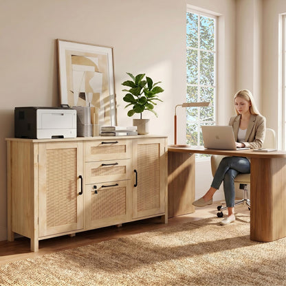 HOPUBUY 3 Drawers and 2 Doors File Cabinets with Lock, Wood Lateral Filing Cabinet with Adjustable Feet & Shelves, Large Capacity Home Office Storage Cabinet, Printer Stand for Hanging Files, Natural