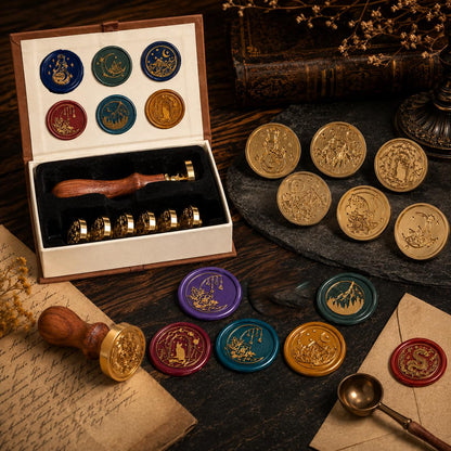 SWANGSA Wax Seal Stamp Set, Vintage 6 Pieces Moon Series Sealing Stamp Heads and 1 Wooden Handle Wax Seal Kit