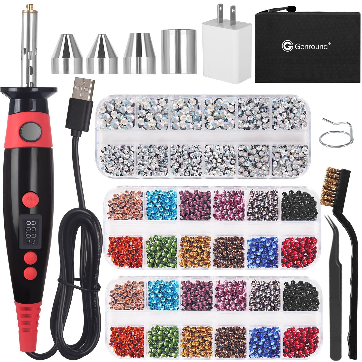 Genround Hotfix Rhinestone Setter, LCD Display Hotfix Applicator Tool Bedazzler Kit with Rhinestones Hot Fixed Wand for Clothes Clothing Fabric Crafts 6000pcs AB Crystal Clear 3 Gems Sizes Tips