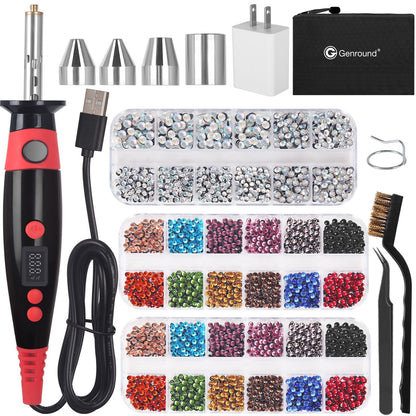 Genround Hotfix Rhinestone Setter, LCD Display Hotfix Applicator Tool Bedazzler Kit with Rhinestones Hot Fixed Wand for Clothes Clothing Fabric Crafts 6000pcs AB Crystal Clear 3 Gems Sizes Tips