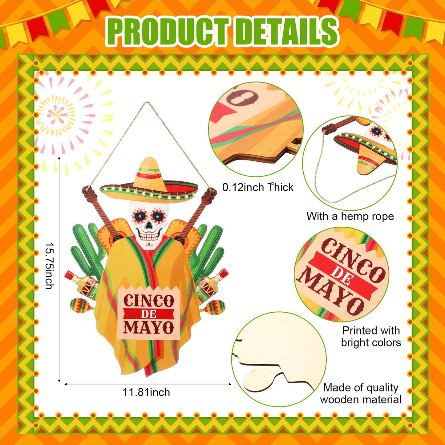 Menkxi 1 Pcs Cinco De Mayo Door Sign Decoration Mexican Skeleton Front Door Welcome Hanger Wreath Wooden Hanging Signs for Cinco De Mayo Party Supplies(Mexican Theme)