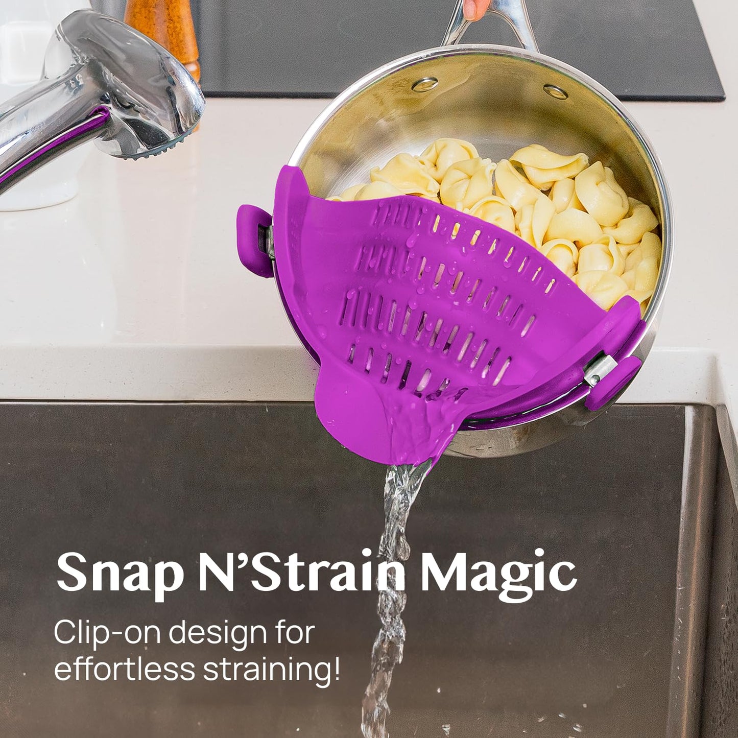 Kitchen Gizmo Snap N' Strain Clip On Strainer for Pots and Pans - Collapsible Silicone Pasta Strainer and Kitchen Gadget for Cooking - Easy to Use, Heat Resistant and Space Saving Colander - Green