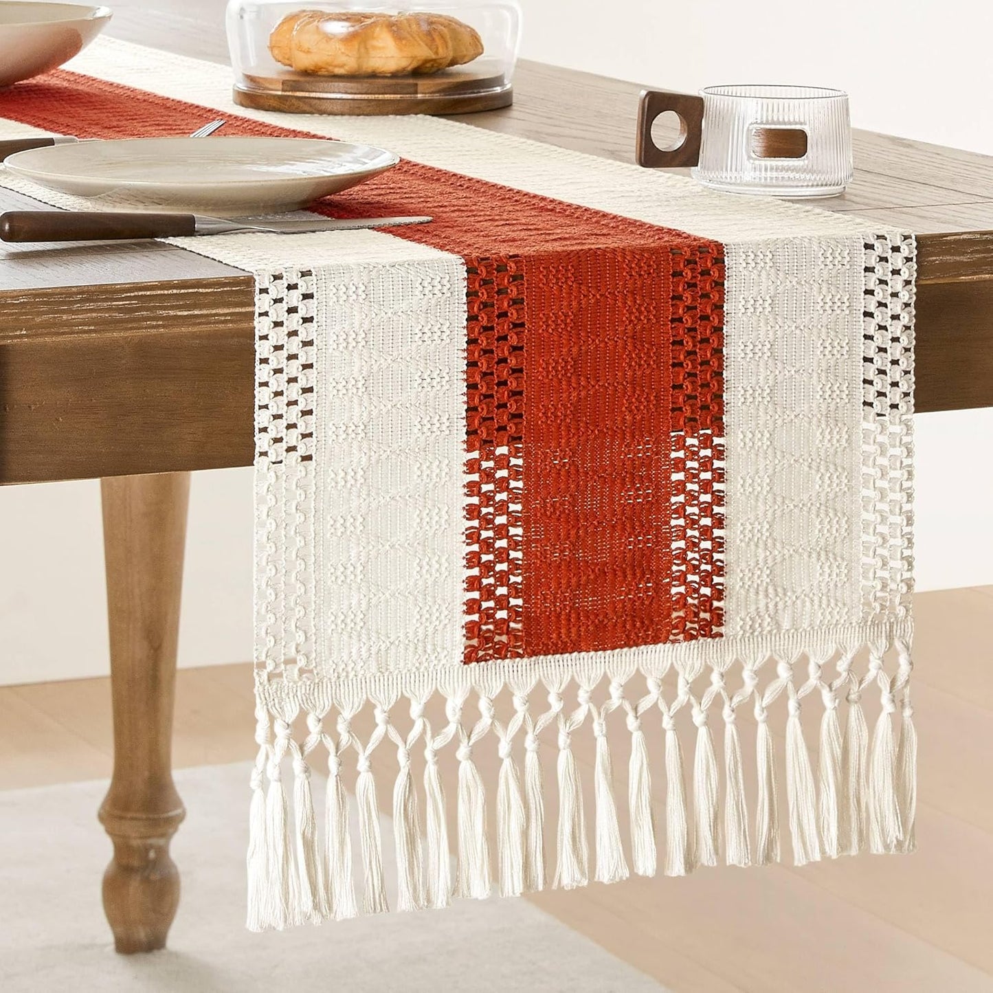 14 90 Inch 90 Inches ZeeMart Macrame Style Bicolor Stitching Table Runner, x Orange/Ivory, Boho Burnt Orange Fall Table