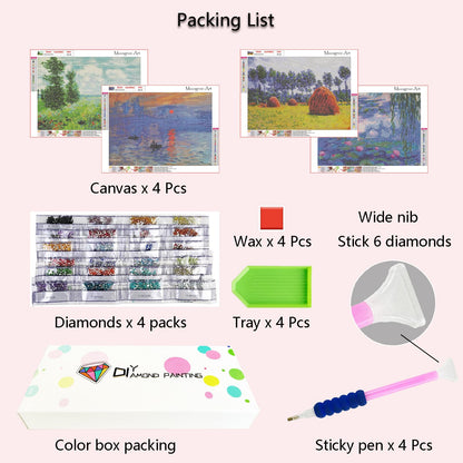 Muzagroo Art DIY Diamond Painting Kits for Adults, 5D Diamond Art Kits for Beginners Paint by Diamond, Monet Diamond Arts and Crafts for Living Room Bedroom 4 PCS Wall Art