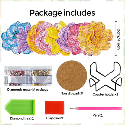 DOTZSO 8 Pcs Diamond Art Coasters Kit with Holder, Diamond Art Kits for Adults Beginners Small Diamond Painting Coasters, Arts and Crafts for Adults Supplies Item Sets (Flower)