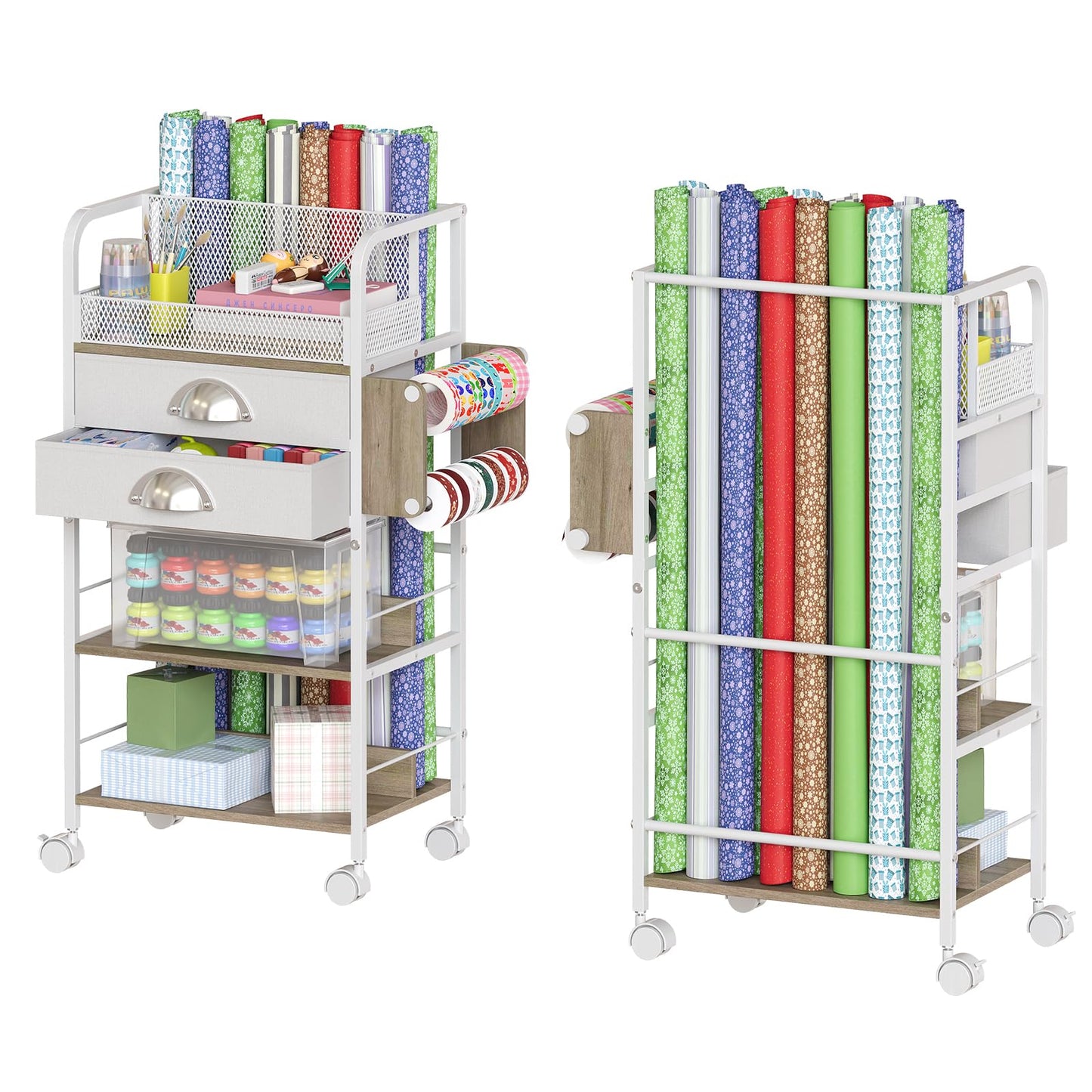 Rolling Craft Storage Cart with 2 Small Fabric Drawers & Lockable Wheels, DIY Organizer for Wrapping Paper, Paints, Brushes, Craft Supplies, Multi-Tier Craft Cart Tape Holder, 16.54x11.4x32.68 Inches